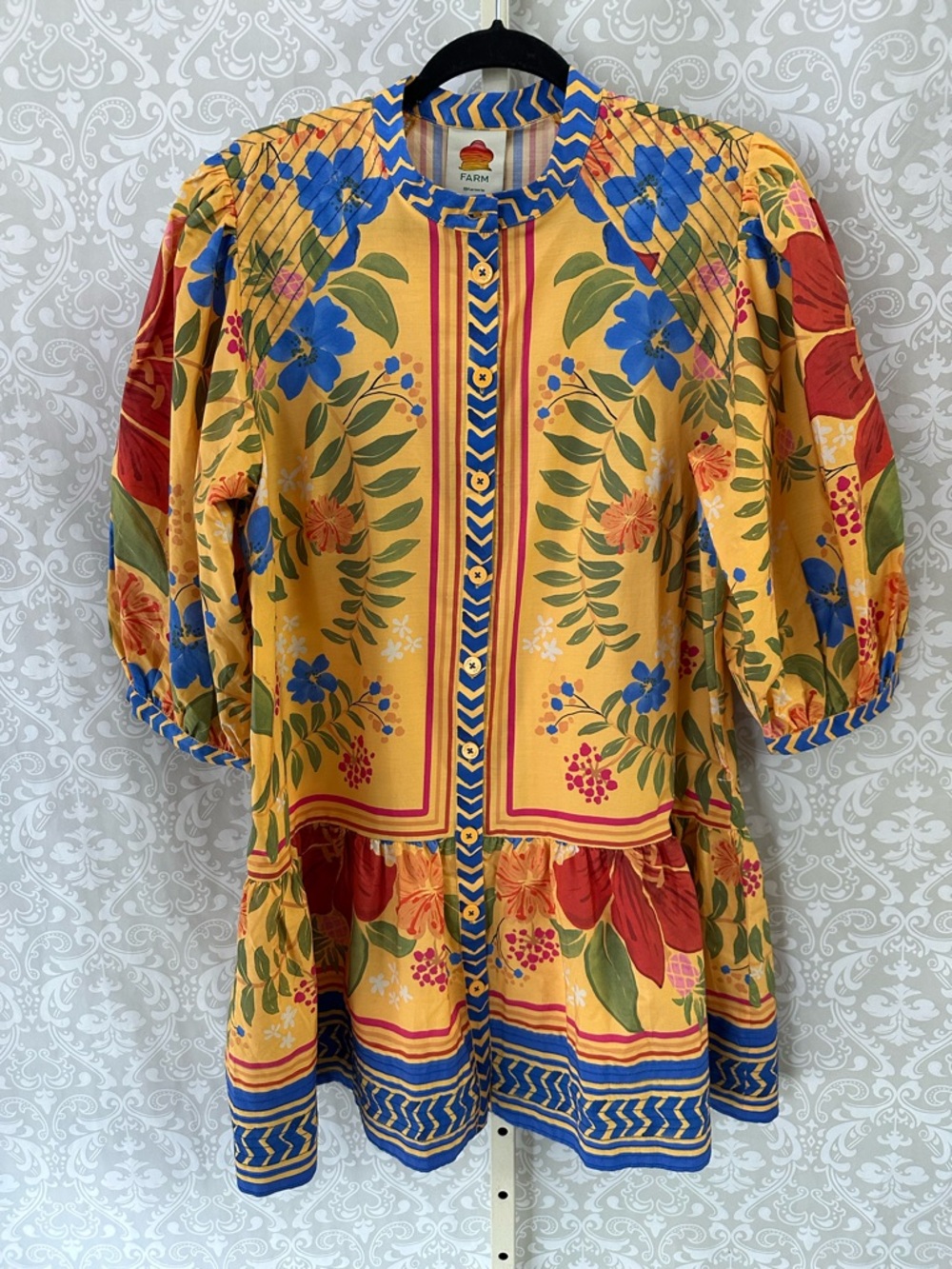 FARM Rio Yellow Floral Mini Dress with Blue and Red Accents